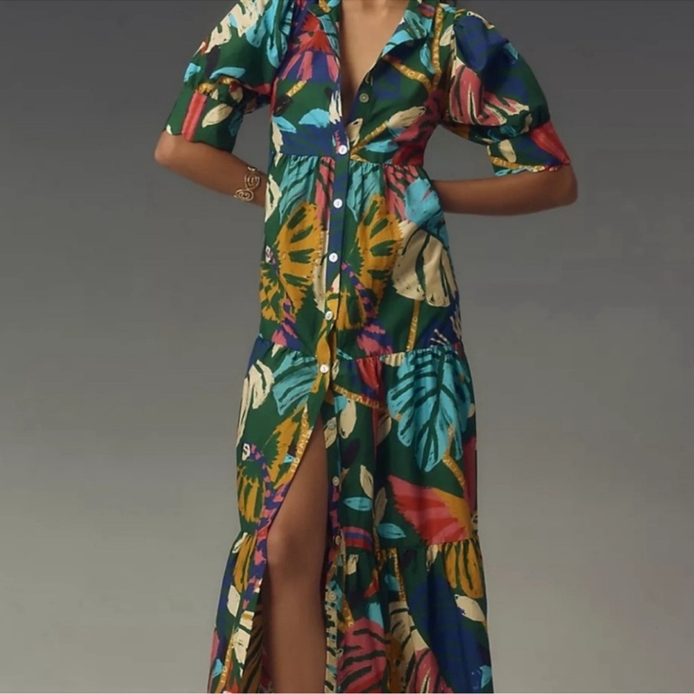 Anthropologie-FARM Rio Short-Sleeve Printed Midi Shirt Dress, M